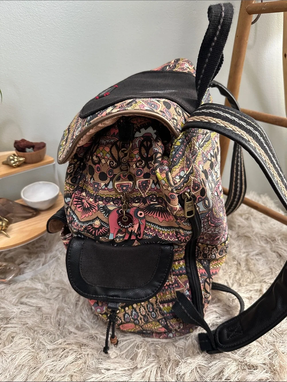 Sakroots Multicolor Boho Canvas Backpack‎ with Black Trim